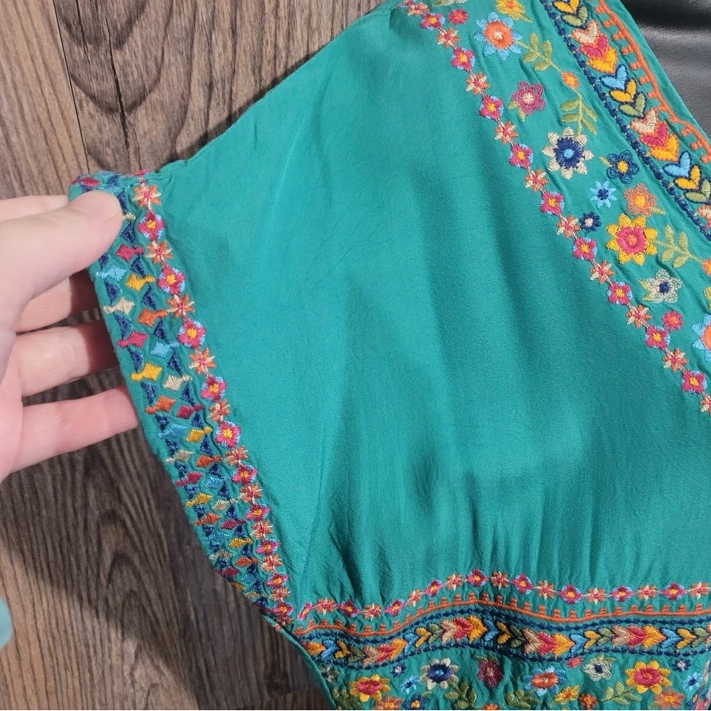 Savanna Jane Teal Embroidered V-Neck Mini Dress Lined Size L - Picture 4 of 9